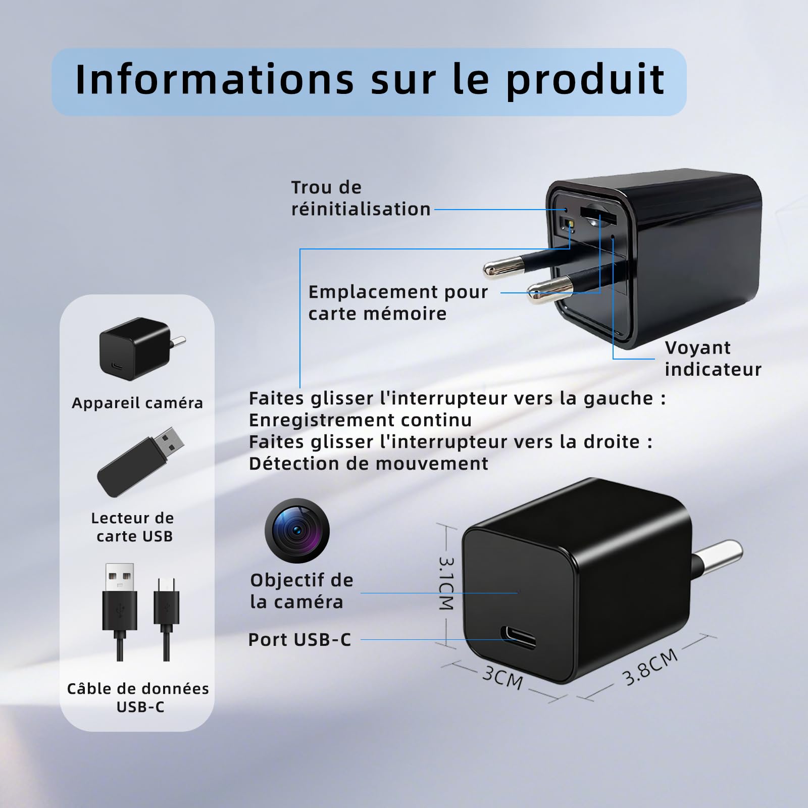 Mini caméra HD 1080P, caméra de sécurité domestique portable plug‑and‑play | détection de mouvement, idéale pour la surveillance 24h des enfants, animaux de compagnie, bureau et entrepôt, sans Wi-Fi.