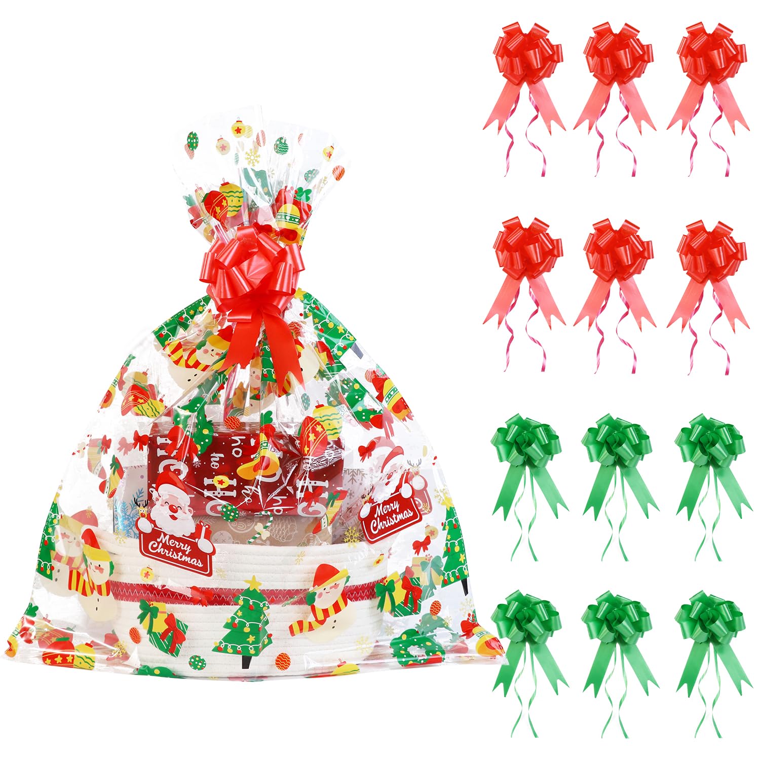 12pcs Large Christmas Cellophane Gift Bags with Pull Bows,Xmas Hamper Basket Bags,Cellophane Bags For Christmas Hamper Making(Colorful, 61 * 76cm)