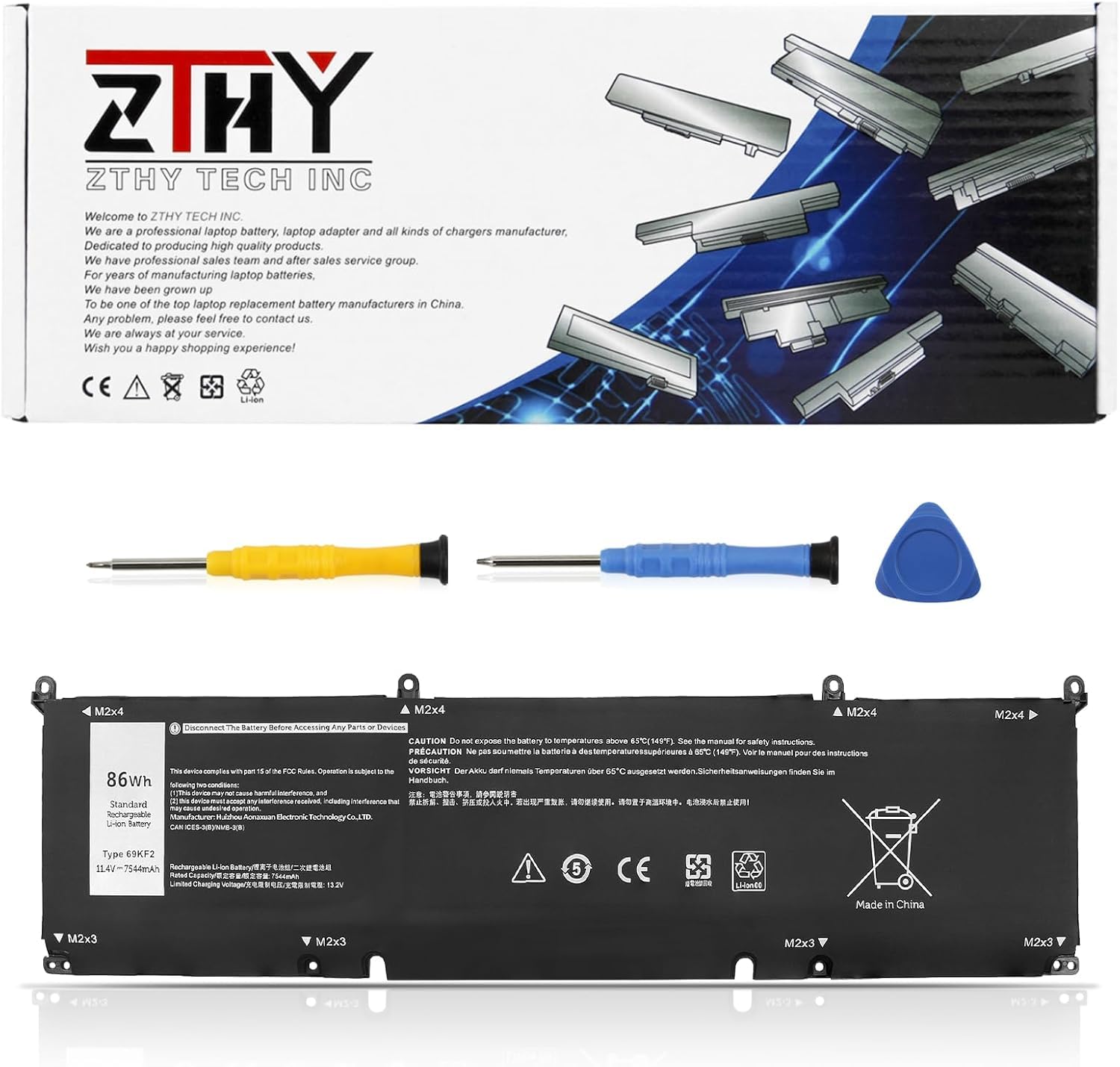 ZTHY 69KF2 Laptop Battery Replacement for Dell XPS 15 9500 9510 9520 Precision 5550 5560 5570 G15 5530 G16 7620 7630 Vostro 7510 Alienware M15 R3 R4 R5 R6 R7 M16 R1 M17 R3 R4 Series 11.4V 86Wh 6Cell