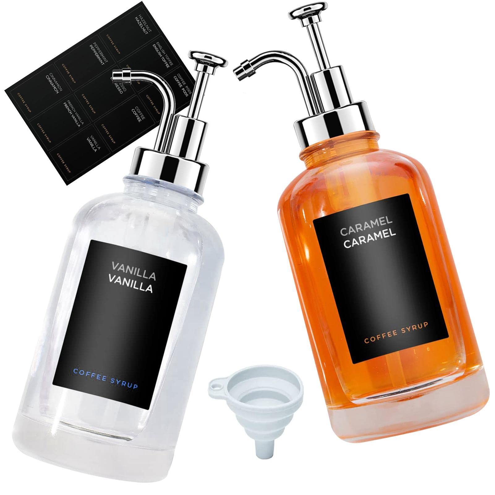 Niktule 2 X Silver Coffee Syrup Dispenser, 500 Ml Clear Coffee Syrup Pump, 2 Pack Dispenser Bottles, 2 Pump Funnels, 9 Waterproof Labels For Massage Lotion, Ketchup