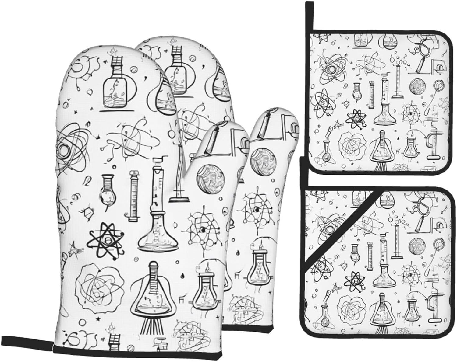 (Chemistry Print) Baking 4-Piece Set: 2 Oven Mitts and 2 Pot Holders Heat Resistant Waterproof Hanging Loop for Kitchen Oven Grill Housewarming Gifts