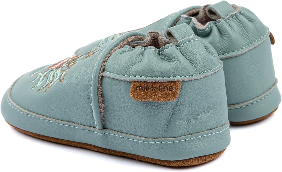 Mikk-line Babykruipschoenen - Zachte leren pantoffels met antislip suède zool - Bedrukte pantoffels met dierenpatroon en linnen voering voor jongens en meisjes - Perfect voor 0 tot, Beige, 6-12