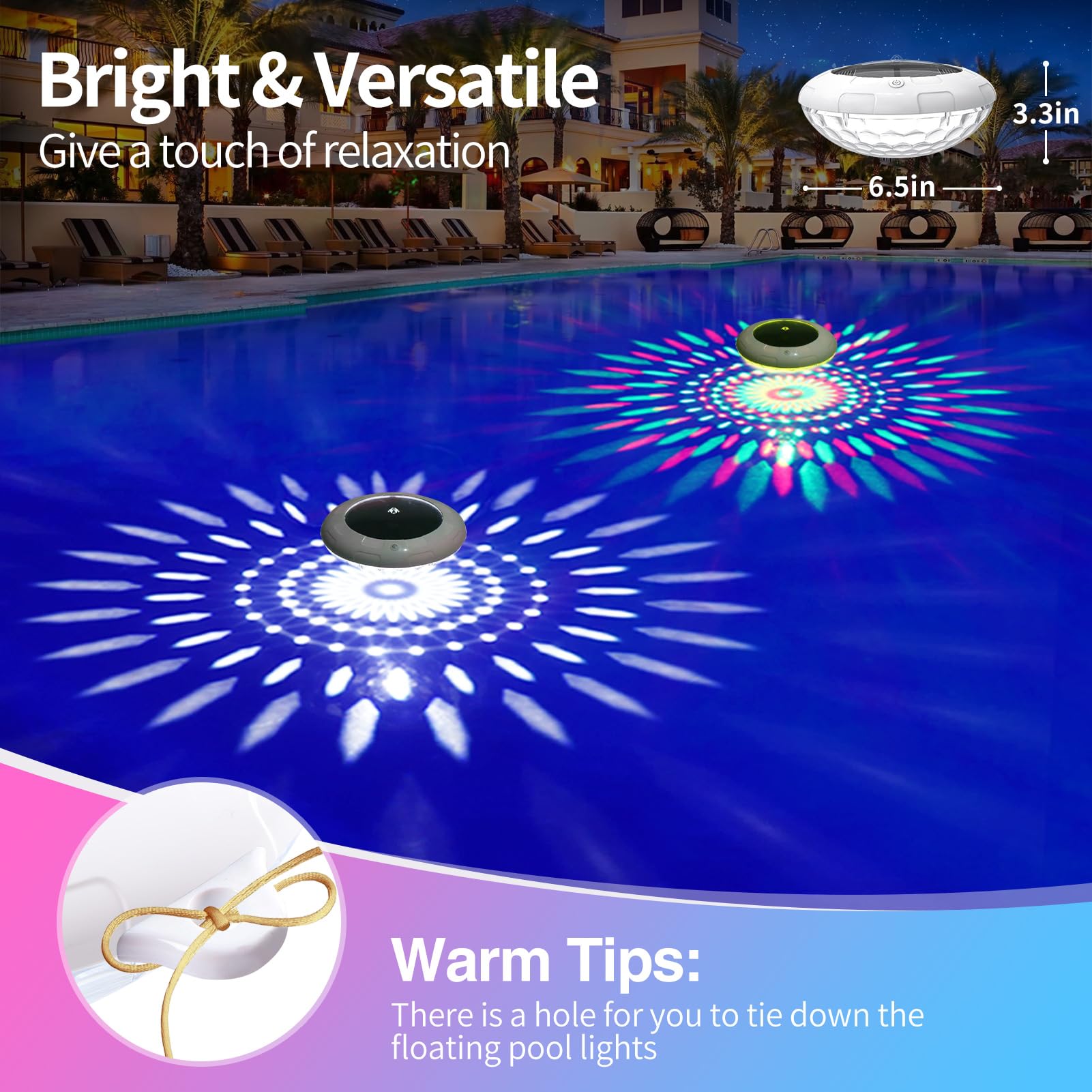 Lampes flottantes de piscine avec télécommande, 16,5 cm, lumières solaires RVB changeant de couleur qui flottent avec 9 éclairages dynamiques, étanche IP68 à suspendre pour décoration de