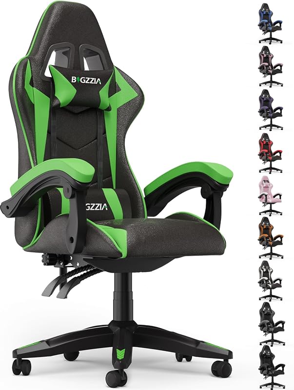 Ergonomic Gaming Chair with Lumbar Support for Kids & Adults, Green | High Back Office Desk & Computer Gamer Chair with Headrest, Linked Armrests, Racing Style Recline, 360°-Swivel Seat
