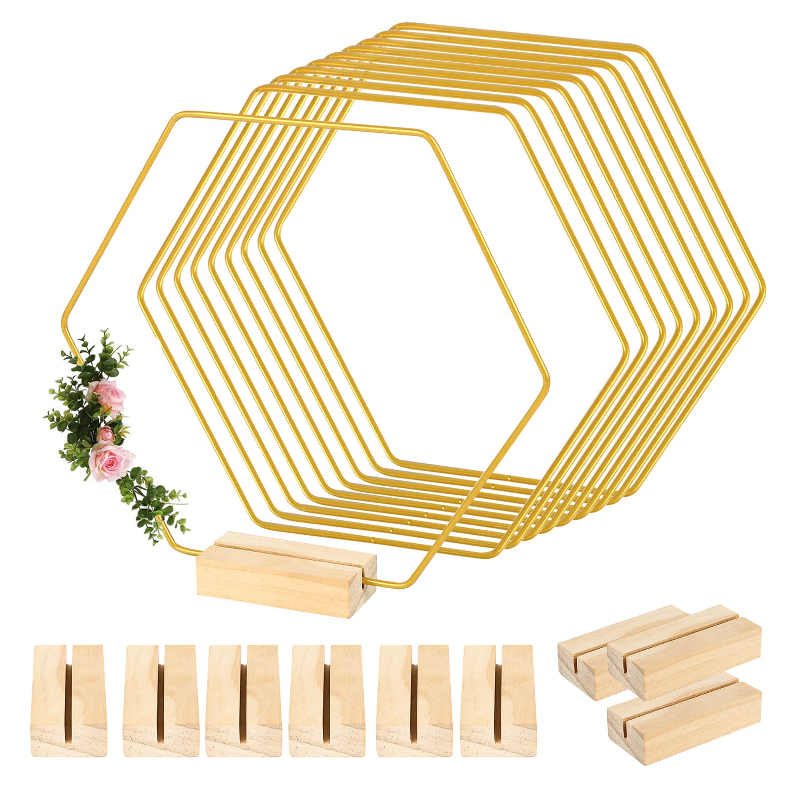 Lot 10 Cerceaux Fleurs Métal Doré 30 Cm + 10 Supports Bois Hexagonaux – Idéal Mariage, Bricolage, Couronne Table