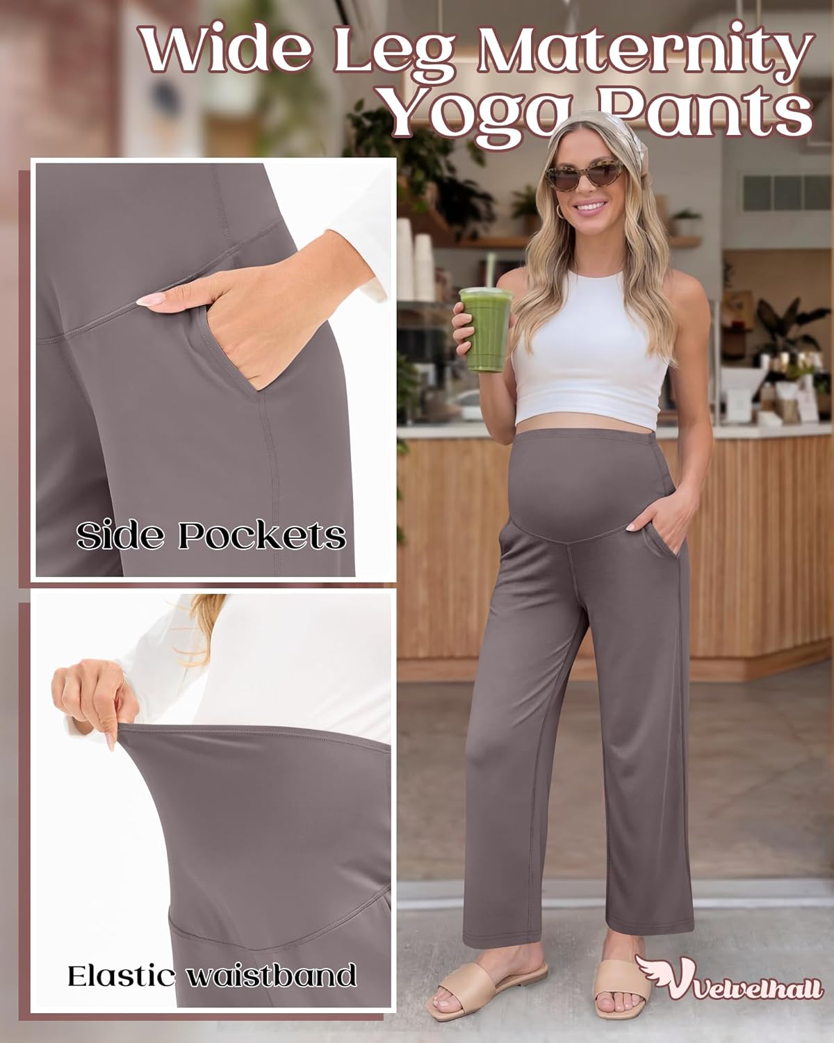 3 Pack Women's Maternity Yoga Pants Over The Belly Pregnancy Pants Wide Leg Lounge Trousers with Pockets(Black, Apricot, Taupe,Large)