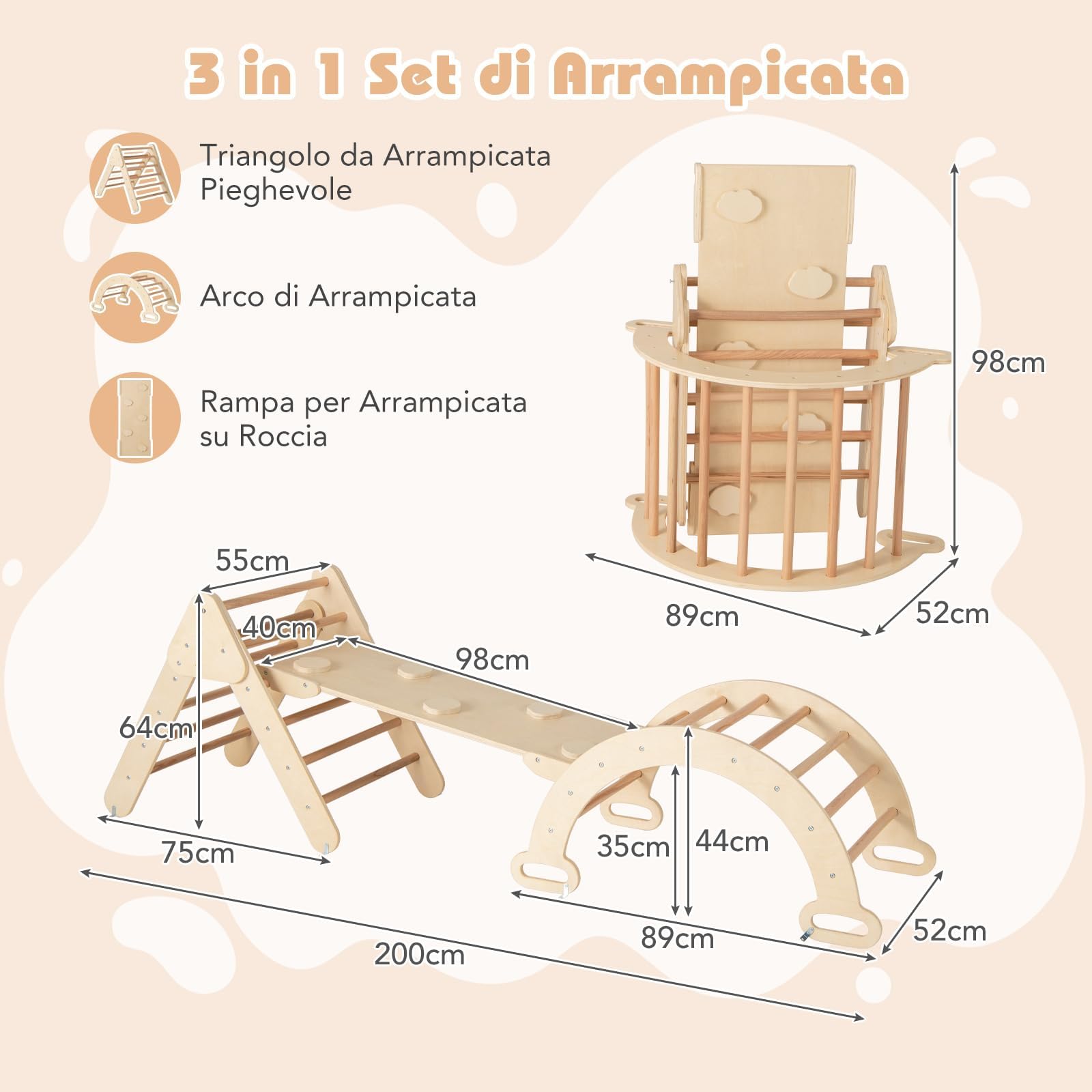 COSTWAY 4 in 1 Set da Arrampicata per Bambini, Giocattoli da Arrampicata a Triangolo con Triangolo Arco e Salita, Ideale per Bambini 1 Anni + (Naturale)