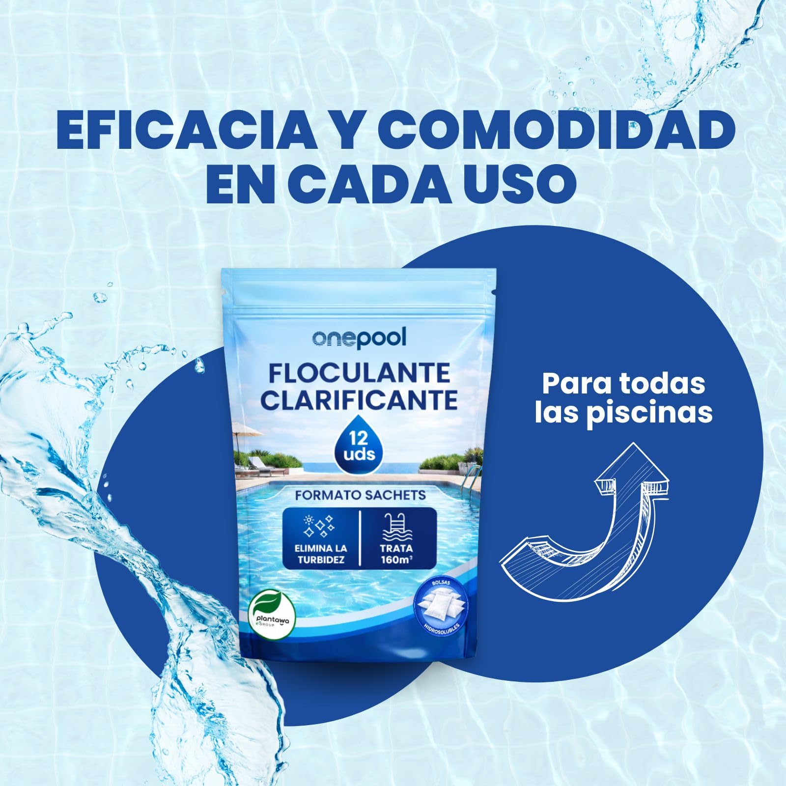 PLANTAWA Flocculante in polvere 12 bustine | Flocculante Chiarificante per Piscine, Equivale 1,5 KG, Eliminatore Turbidità, con Ingredienti Origine Naturale, Vegano, Tutti i Tipi Piscine, SPA