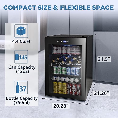 Miniatura 9 de Joy Pebble Refrigerador de bebidas, mini refrigerador de 130 latas con puerta de vidrio para vino de cerveza, soda, refrigerador de bebidas con