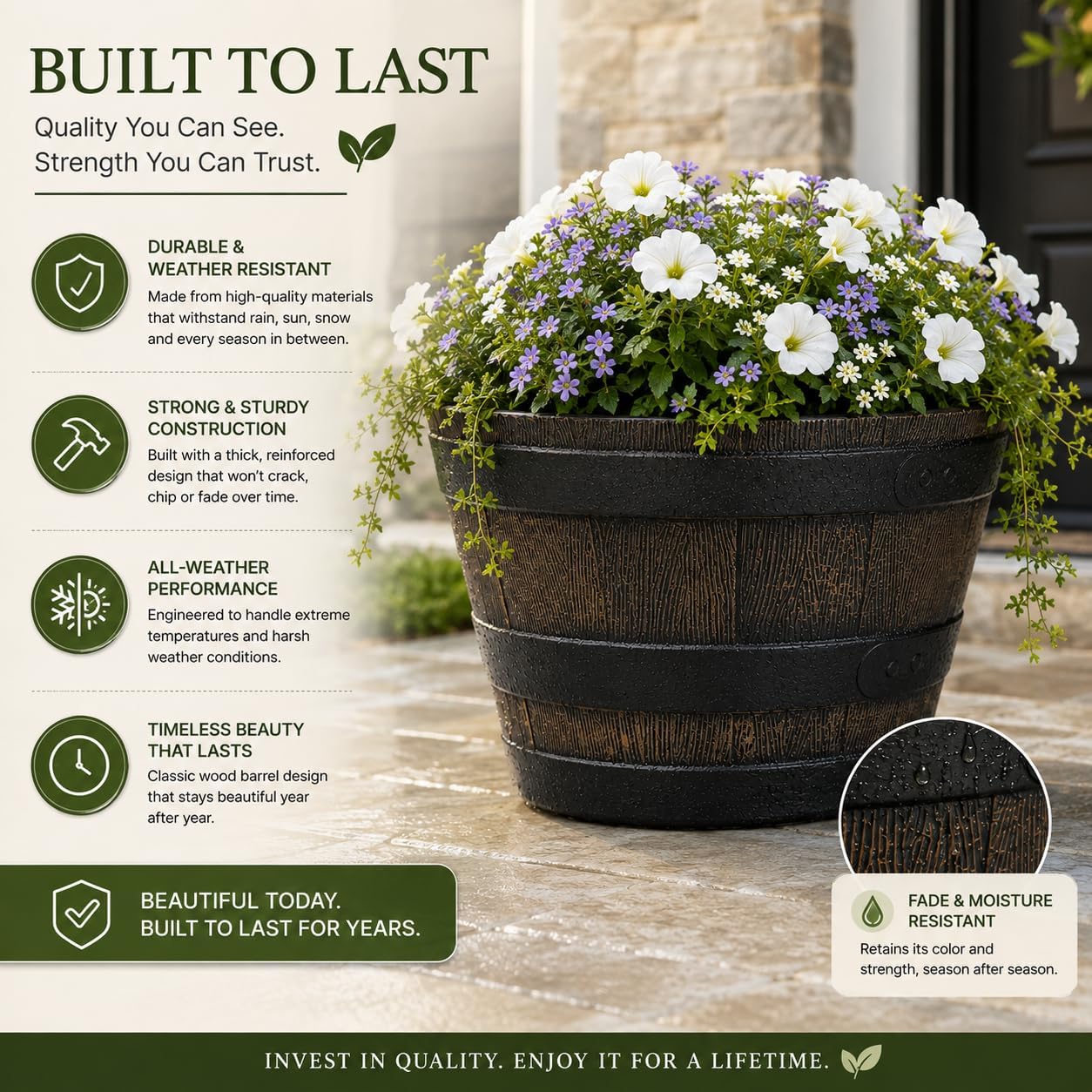 Gardenised 4-Piece Round Half Barrel Flower Pots Rustic Farmhouse Style Faux Wood Planter Containers for Indoor & Outdoor Use Perfect for Displaying Decorative Garden Florals Herbs & Succulents image 3