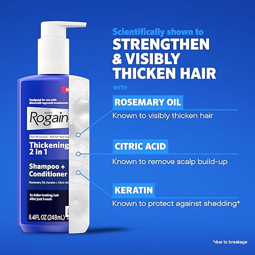 Miniatura 6 de Rogaine Champú y acondicionador 2 en 1 para hombre con aceite de romero, queratina y ácido cítrico, deja el cabello visiblemente más grueso, no