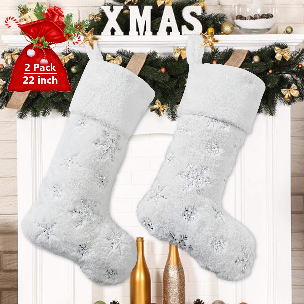 Kederwa White Christmas Stockings, 22inch Snowflake Xmas Stocking with Faux Fur Cuff for Christmas Tree Holiday Decoration(2 Pack)
