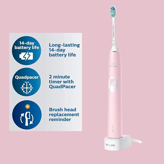 Philips Sonicare ProtectiveClean 4100 Electric Rechargeable Toothbrush, Plaque Control, Pastel Pink, Phi0304, 1.0 Count