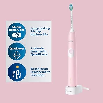 Philips Sonicare ProtectiveClean 4100 Electric Rechargeable Toothbrush, Plaque Control, Pastel Pink, Phi0304, 1.0 Count