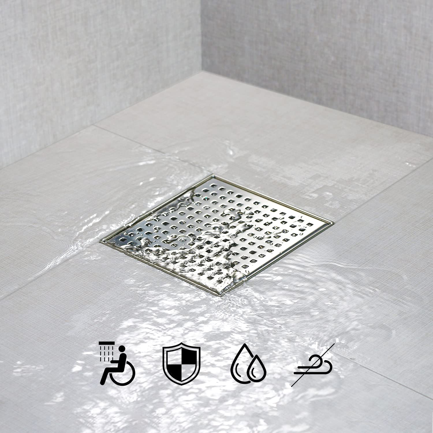 SaniteModar Square Shower Drain 6 Inch with Shower Drain Base Flange,Shower Drain with Removable