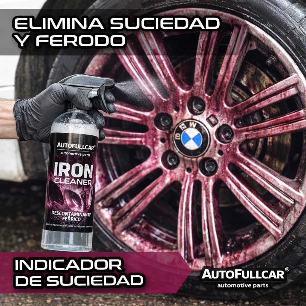 AutoFullCar Iron Cleaner 5 Litros, Limpia Llantas Coche, Descontaminante Férrico PH Neutro, Eliminador Partículas Hierro, Apto Aluminio Cromadas Moto, Incluye Botella con Difusor