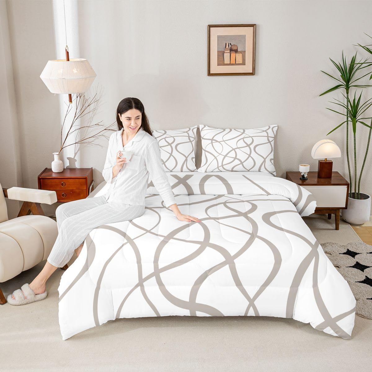 Feelyou Abstract Art Comforter Set Intertwined Ribbon Bedding Set with 1 Pillow Cases Curvilinear Geometric Toddler Minimalist Brown Curves Modern Abstract Lines Duvet Quilt Soft Lightweight