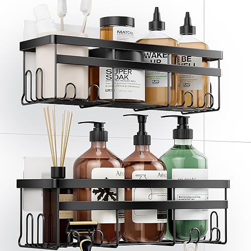 HomeHacks Organizador de ducha, organizador de ducha a prueba de óxido, estantes de almacenamiento de ducha con ganchos, artículos esenciales de