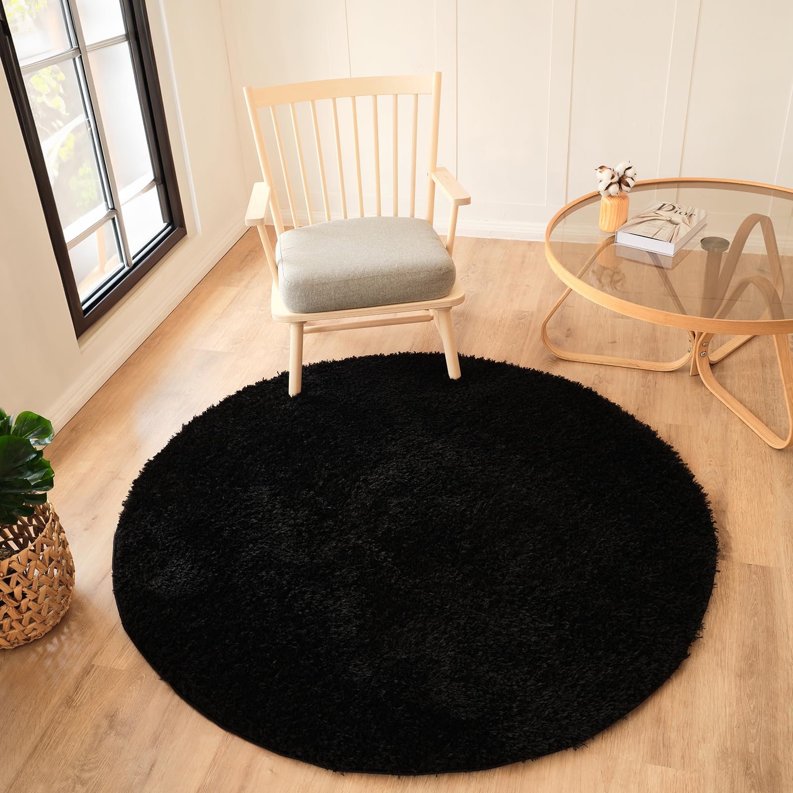 Livabliss Soso Shaggy Berber Round Carpet 160 cm, Living Room & Bedroom, Soft Plush Thick Pile, Neutral Boho Fluffy Style, Easy Care, Black