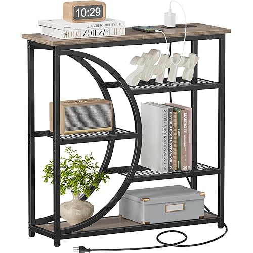 Snughome Entryway Table, Console Table with Charging Station, Industrial Narrow Sofa Table with 5 Tier Storage Shelves, Entrance Table for Hallway, Living Room, Foyer, Grey