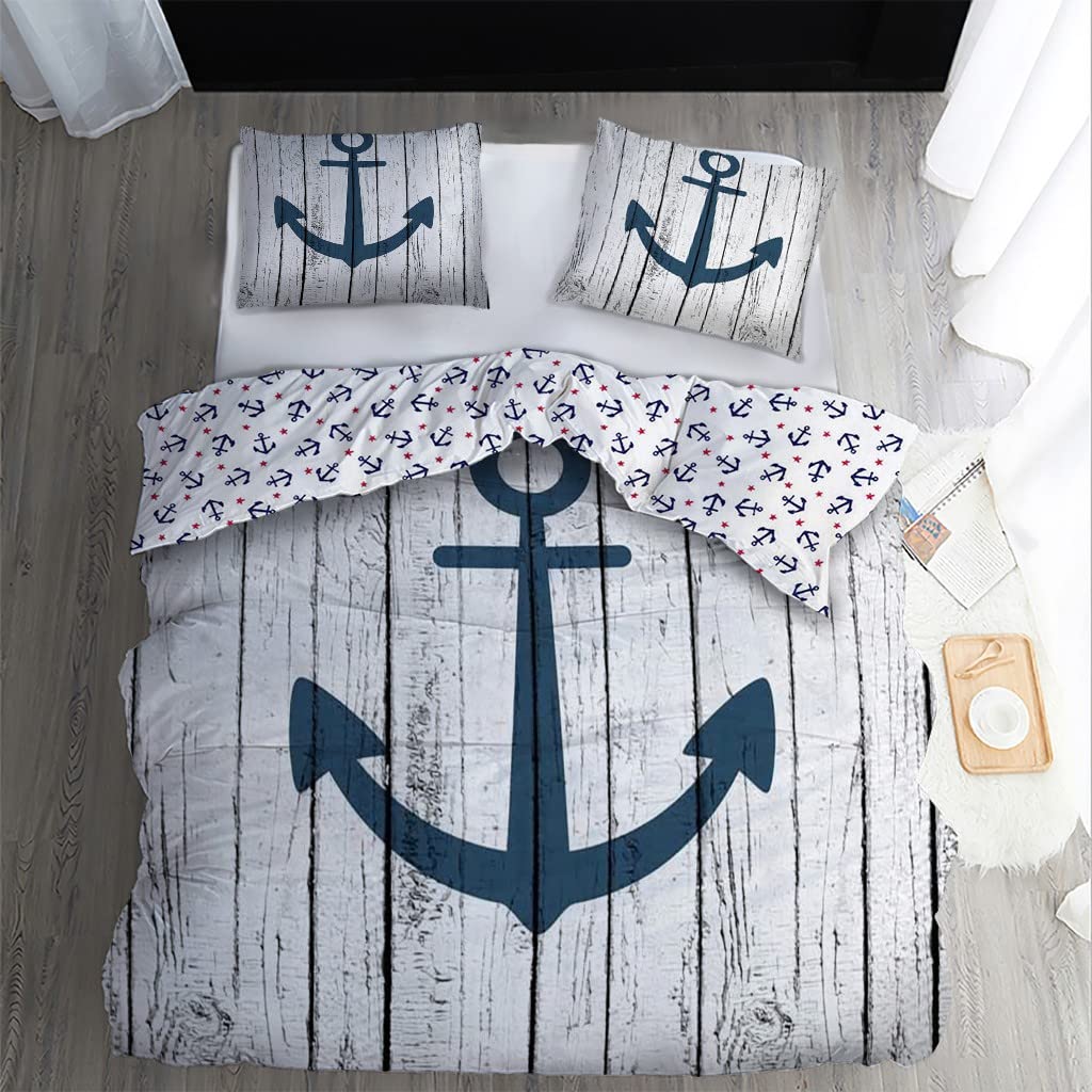 Traumschlaf Seersucker Wendebettwäsche, 100% Baumwolle, Maritim Anker-Motiv Blau/weiß, 155x220 Cm + 80x80 Cm