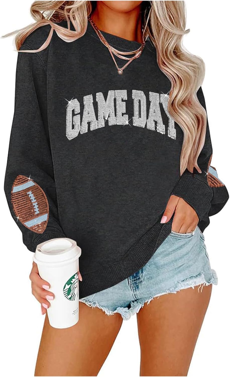 Game Day Sweatshirt for Women Sequin Football Long Sleeve Shirt Crew Neck Sunday Funday Pullover Tops