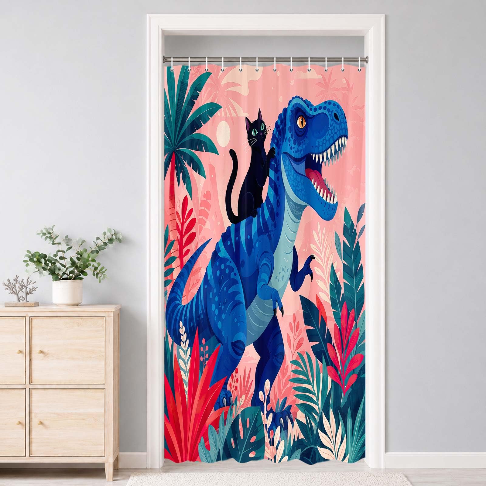 Boziqr Funny Cat Riding Dinosaur Shower Curtain, Boys Kids Bathroom Decor