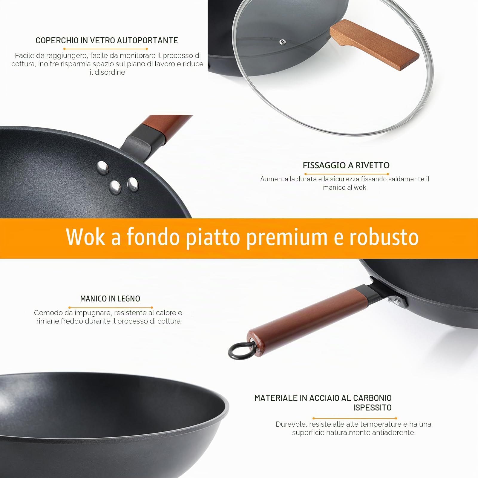 Kordisen Wok Antiaderente 33 cm/5,6 L con Coperchio, Senza Rivestimento Chimico, Wok Pre-stagionato, Adatto a Induzione/Elettrico/Gas
