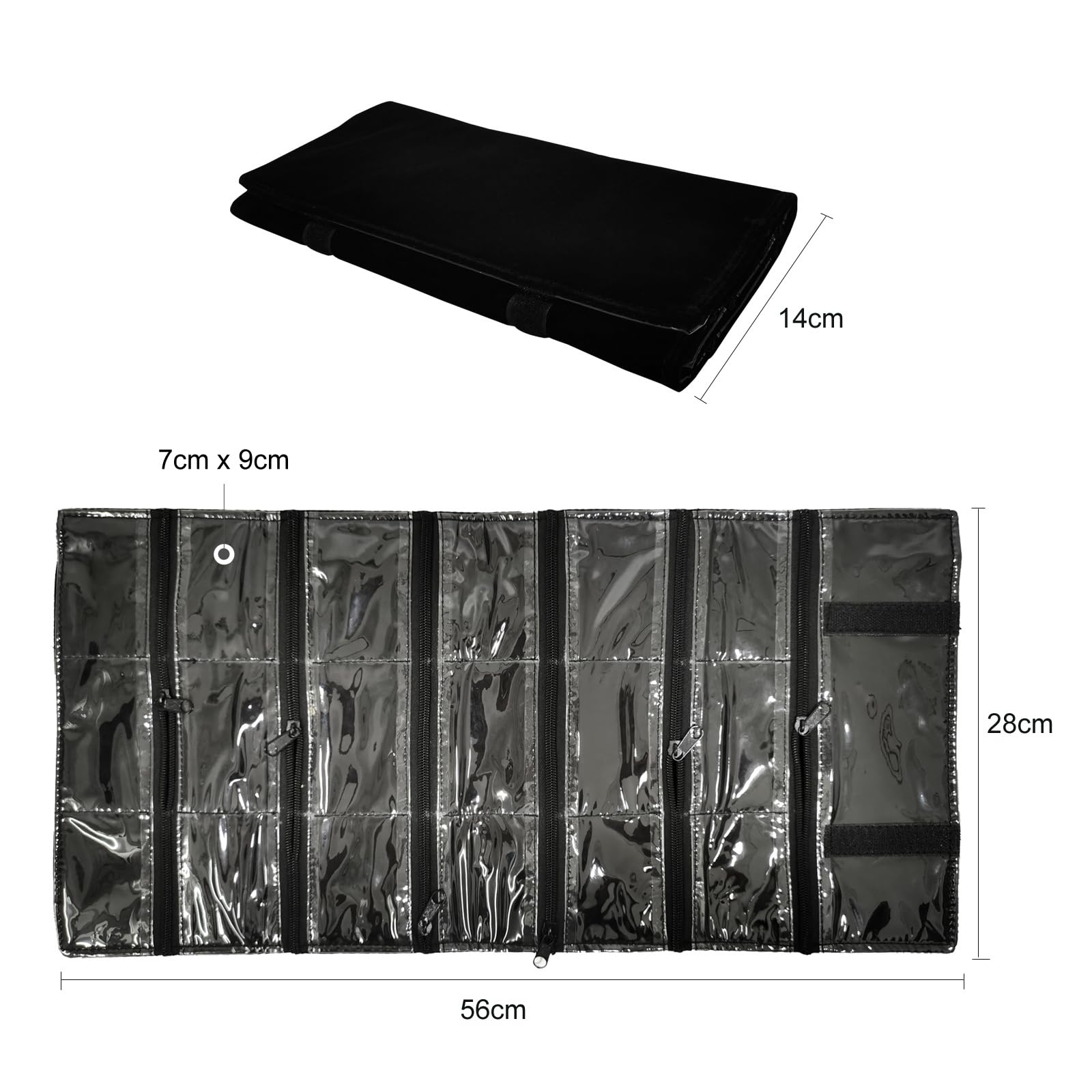 SCILHEFT Trousse à bijoux de voyage en velours pour collier, 9 grilles zippées, noir (18 compartiments)