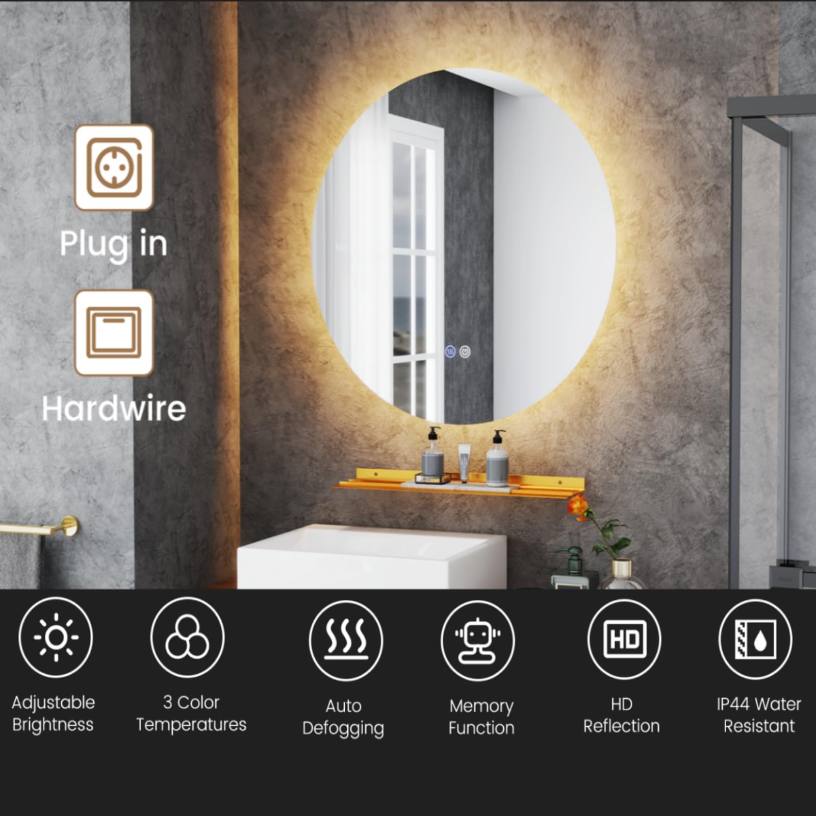 Specchio Da Bagno Rotondo A LED, 60 Cm - Con 3 Temperature Colore, Luminosità Regolabile, Funzione Antiappannamento, Telaio In Alluminio Nero