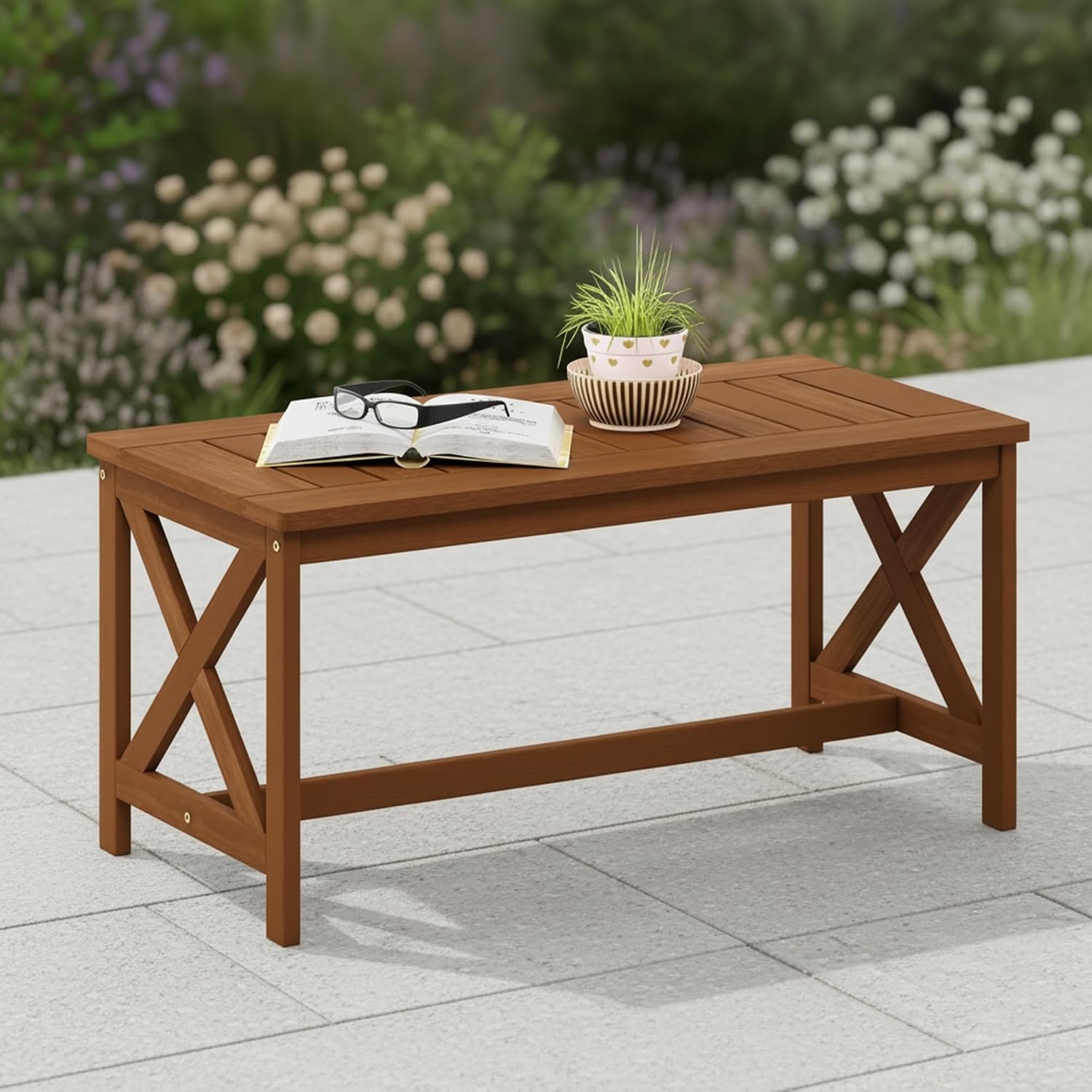 Furinno TIOMAN Outdoor Patio Coffee Table, Small Wood Outdoor Table with X-Frame Design, Teak Oil Finish Patio Side Table for Garden, Porch, Deck or Balcony, Light Wood