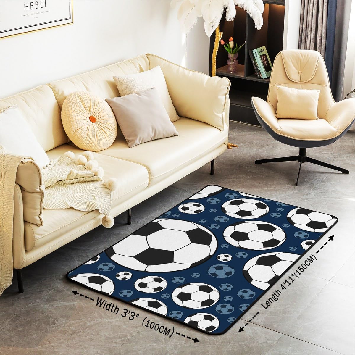 Erosebridal Boys Kids Football Area Rug 4'11" x 3'3" Ball Sports Games Living Room Rugs Geometric Polygon Decorative Carpet American Soccer Sport Bedroom Decor Non Shedding Blue Indoor Floor Mat