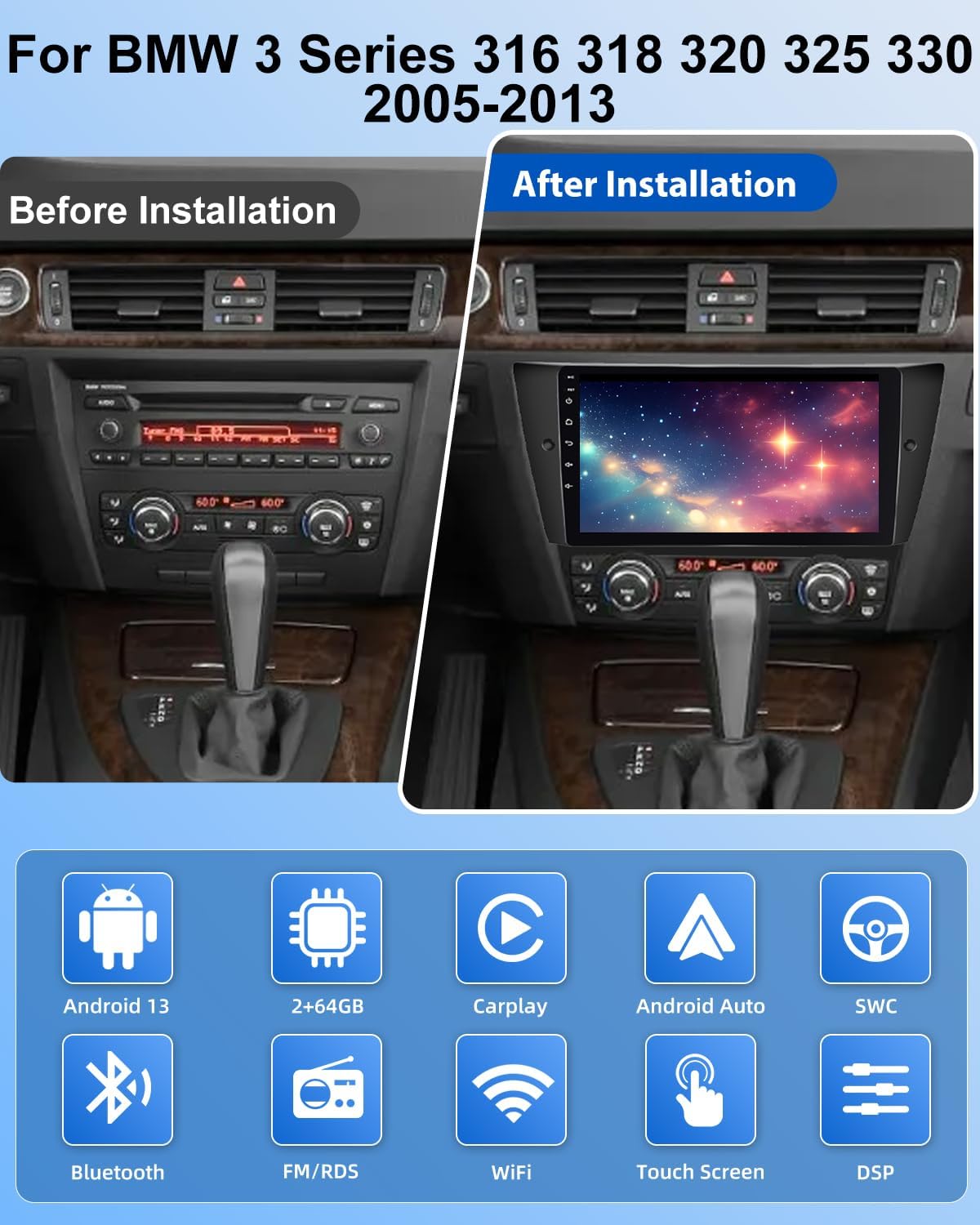 [2+64G] for BMW 3 Series E90 E91 E92 E93 2005-2012 Android Radio, 9 inch Touchsceen BMW Car Stereo - Wireless Carplay and Android Auto, 5G,WiFi, GPS, DSP, Multiple UI, SWC + Canbus + Rearview Camera