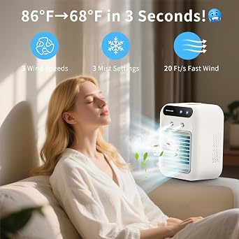 Portable Air Conditioners, Portable Cooling Fan, Quiet Portable AC with Water Tank, Personal Air Conditioner, Evaporative Air Cooler for Room, Bedroom, Office, Camping