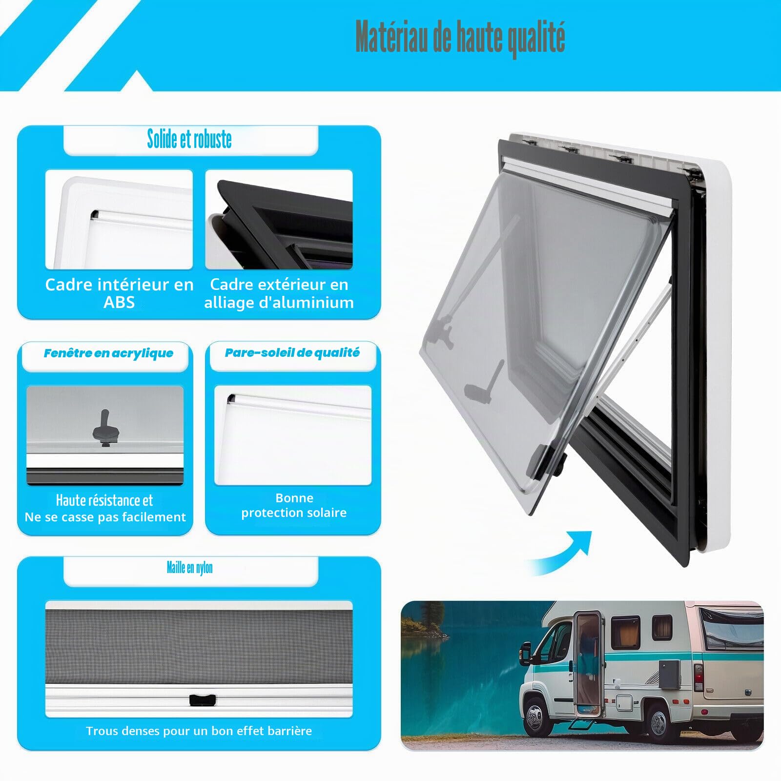 900 x 500 mm - Fenêtre de caravane pliante avec volet roulant intégré et protection solaire pour caravane