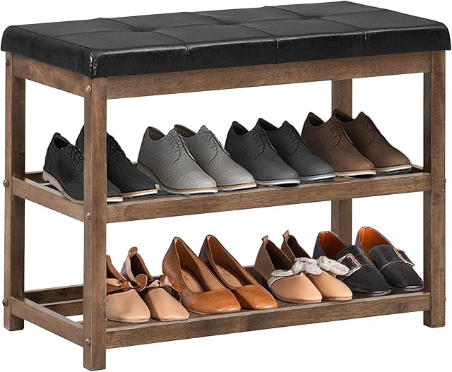 CASART Shoe Bench, 3 Tier Shoes Rack Wooden Footwear Seater, Upholstered Padded Storage Seat Shoes Organizer Shelf for Living Room Bedroom Entryway Hallway (Brown+Black)