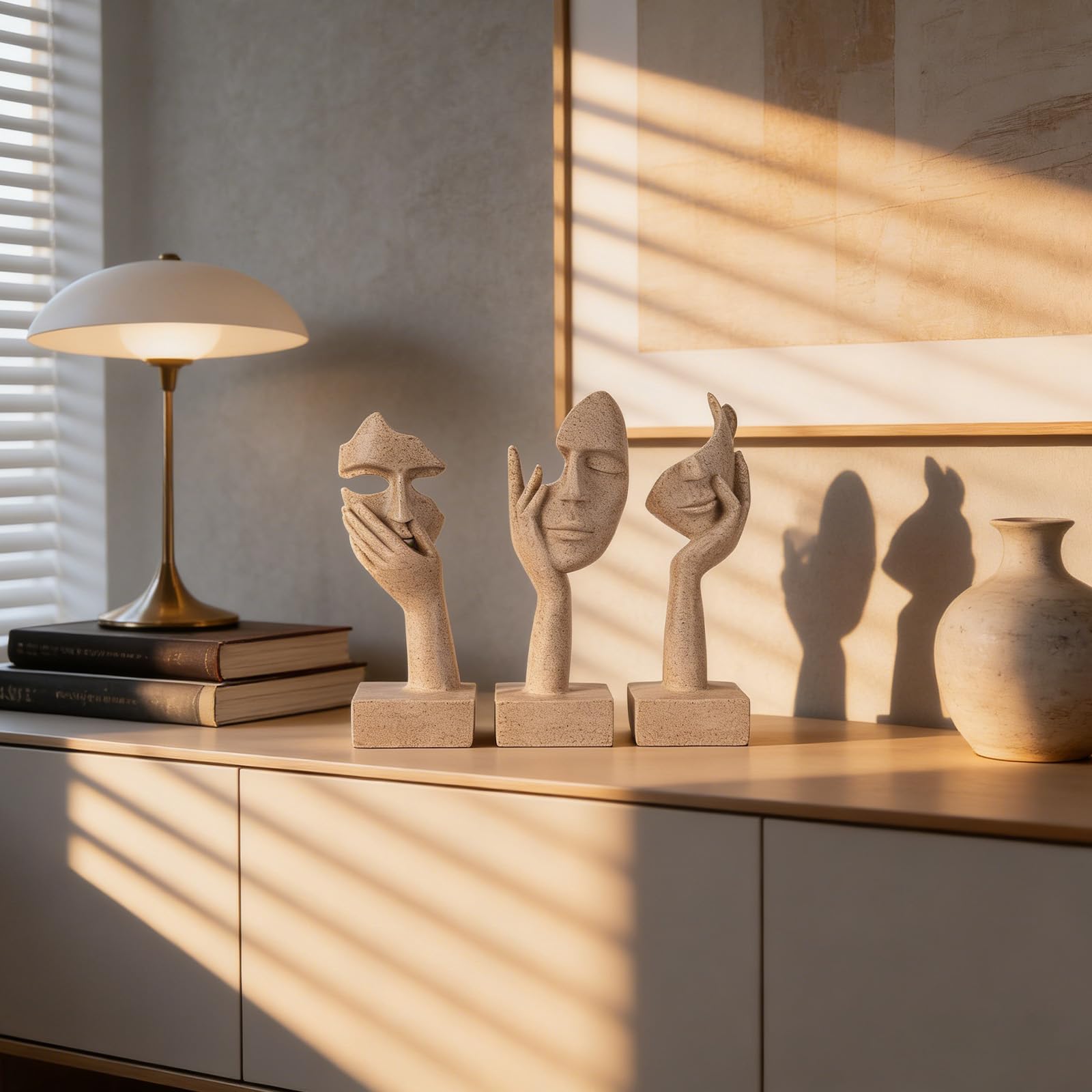 olirum - Set di 3 statue grandi in resina arenaria astratta, per soggiorno, camera da letto, scaffali, scrivania dell'ufficio, tavolino da caffè, regalo per donne (3 pezzi, arenaria, 22,9 cm)