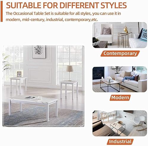 Miniatura 6 de Hooseng Juego de mesa auxiliar de 3 piezas, estilo de mesa de mármol sintético con marco de metal negro, mesas auxiliares perfectas para muebles