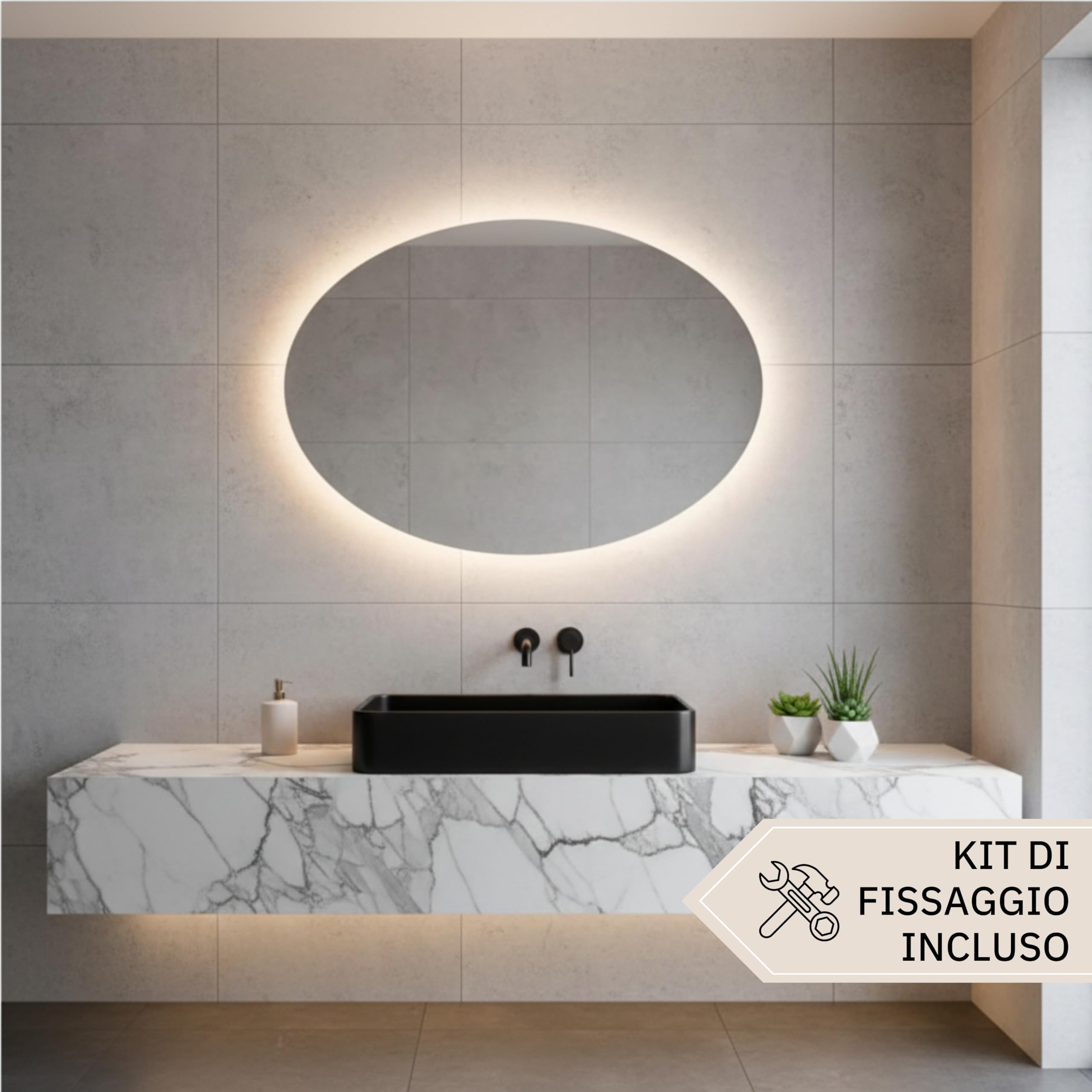 STYLE GLASS MOSES 80x60cm - Specchio con Striscia LED 4000K - Specchio bagno Ovale MOSES - Specchio da parete - Specchio con led - Specchiera Bagno Made in Italy Bordo Filo Lucido Moderno