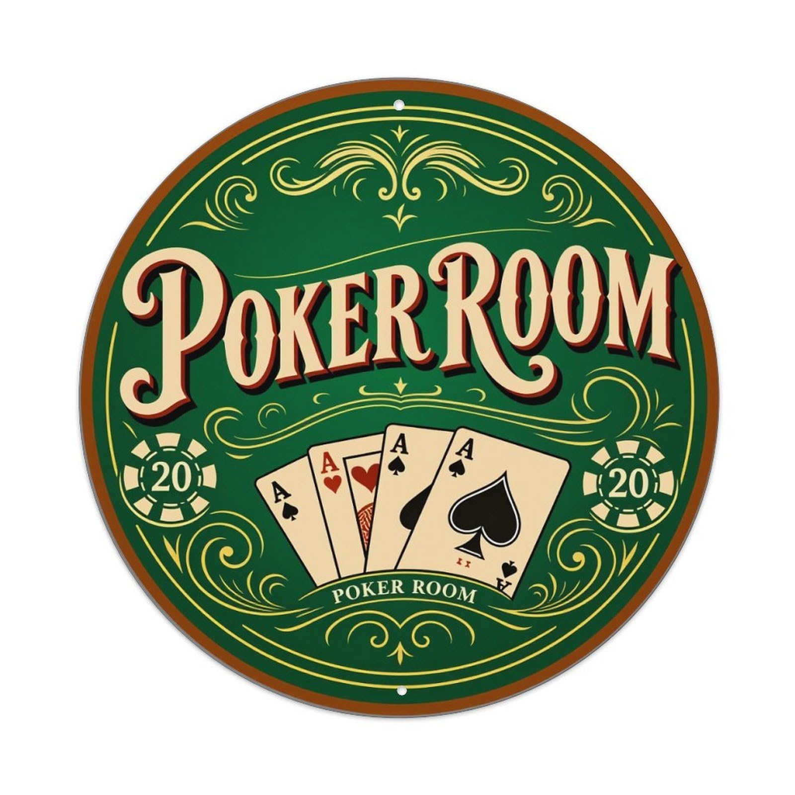 Poker Room Cards Chips Design Round Tin Sign Retro Metal Sign for Cafe Bar Pub Home Game Room Gym Club Wall Decoration Vintage Metal Poster 8x8 Inch