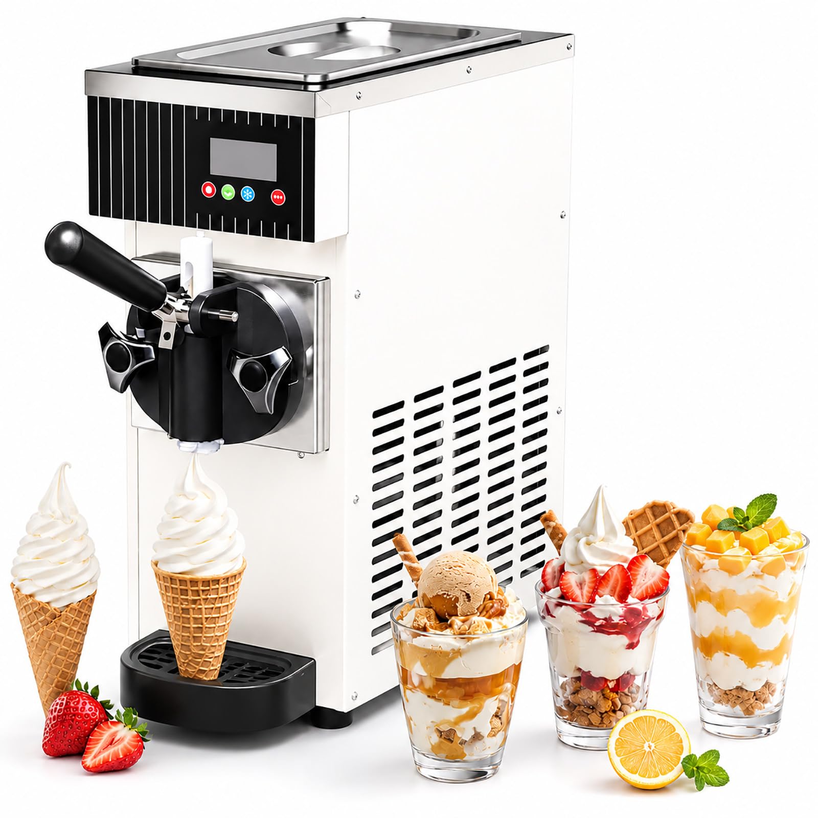 vnmudzeo Commercial Soft Serve Machine - 450W Countertop Ice Cream Maker, Single Flavor, 84.5oz Hopper, Auto Clean for Dessert Shops White