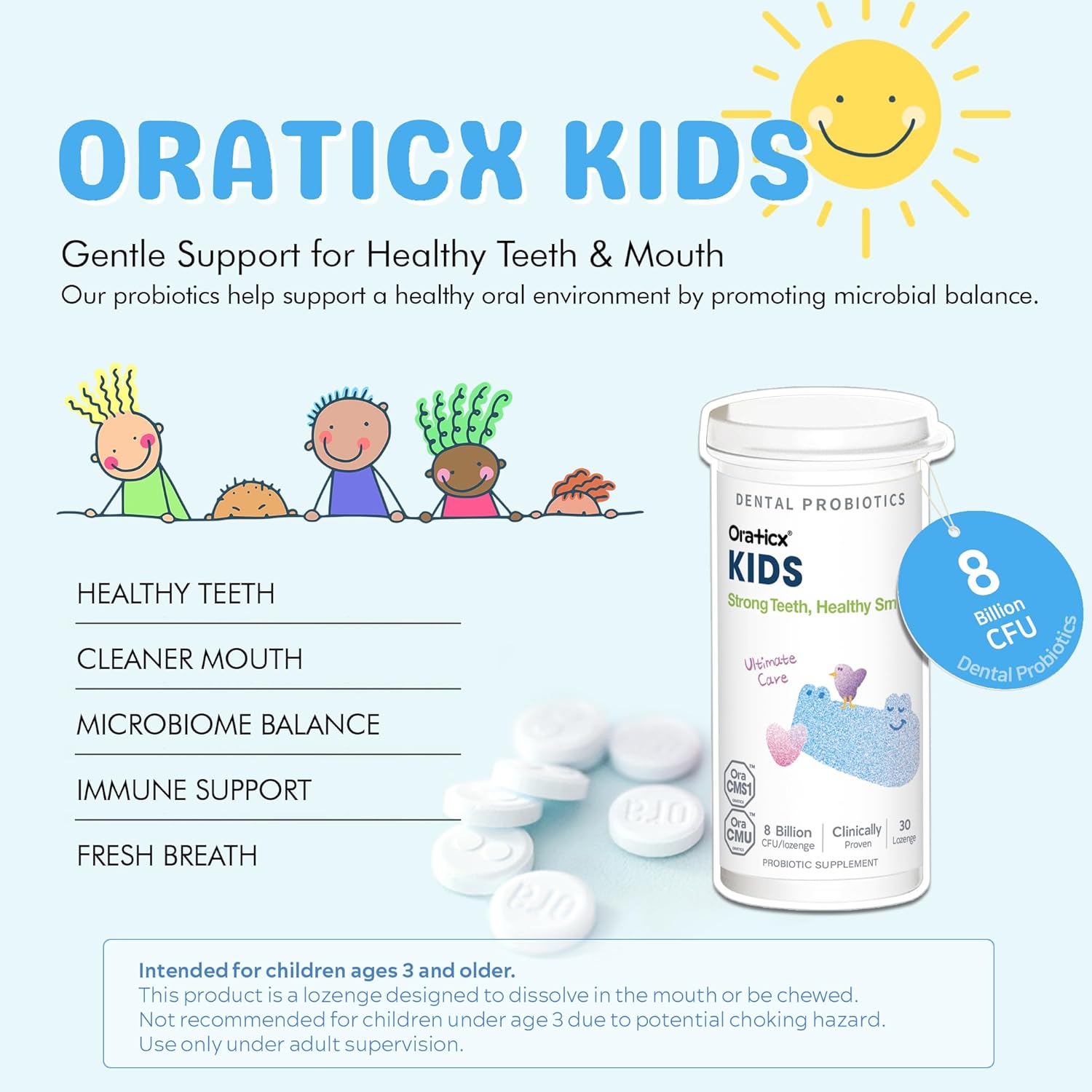 OraTicx Kids Dental Probiotics for Strong Teeth, Healthy Smile, 8 Billion CFU Probiotics for Oral Health, Yogurt Flavor 2-Pack