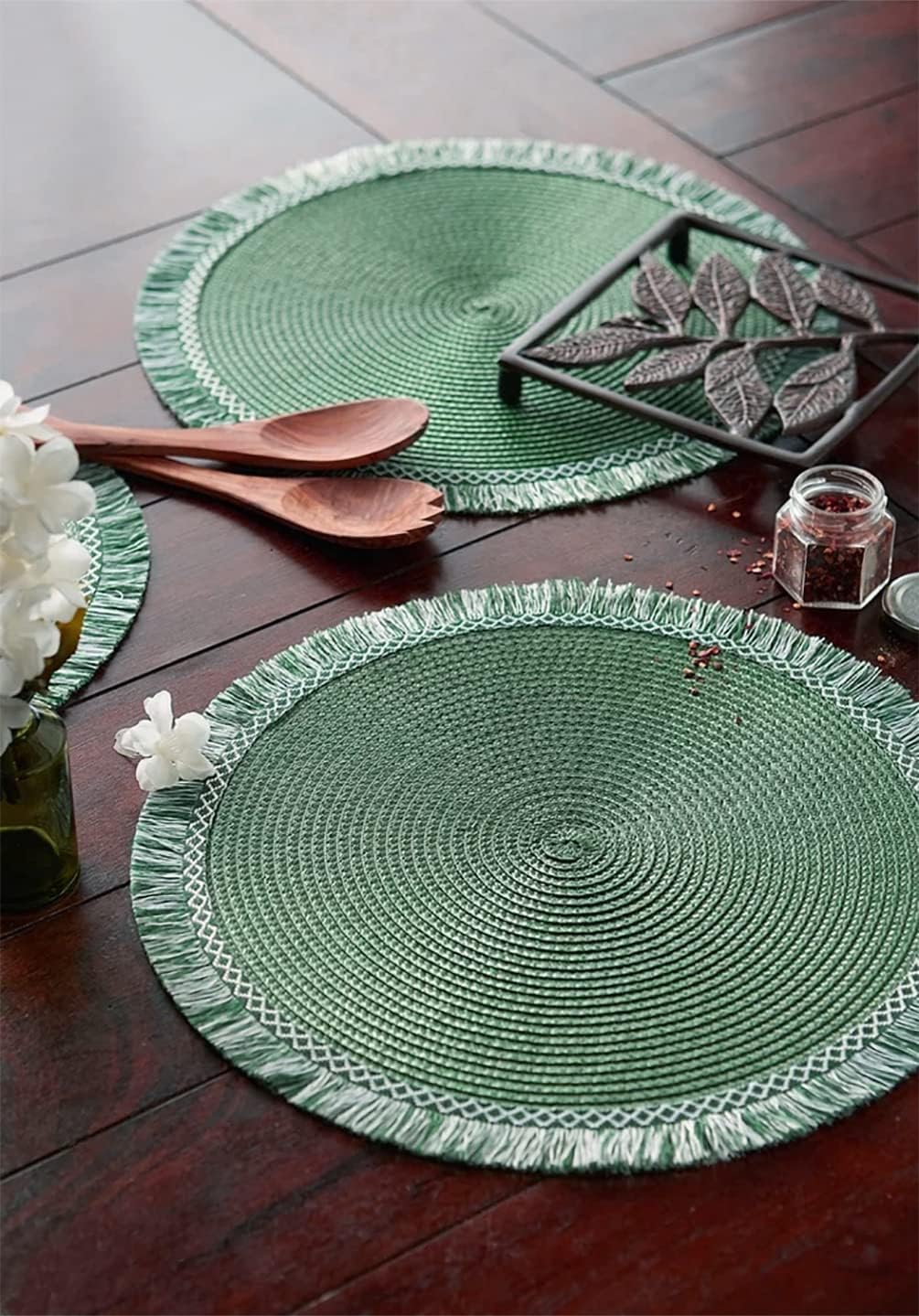 Fennco Styles Woven Textured Placemats with Fringe 15 Inches Round, Set of 2 – Green Braided Table Mats for Home, Dining Room Décor, Banquets, Indoor & Outdoor, Everyday Use and Special Events