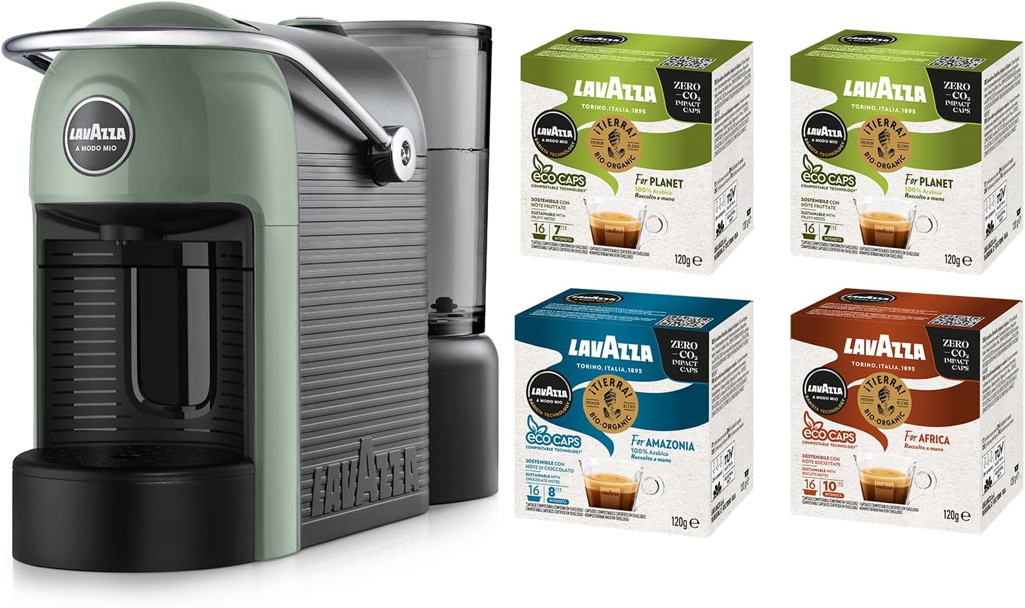 Lavazza A Modo Mio Jolie Evo, Macchina per Caffè Realizzata con 36% di Plastica Riciclata, Macchina Espresso con 64 Capsule Lavazza A Modo Mio Tierra Assortite Incluse, Verde Verde Jolie EVO - Immagine 1