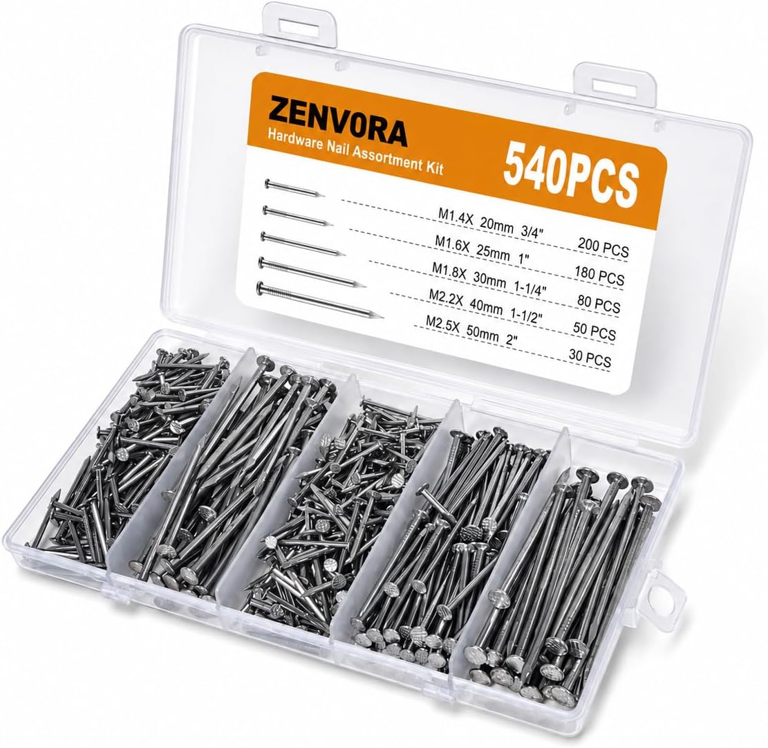 540PCS Stainless Steel Nails Kit, Hanging Nails & Wall Nails Assortment, Finish Nails, Wood Nails， Furniture Repair, Woodworking
