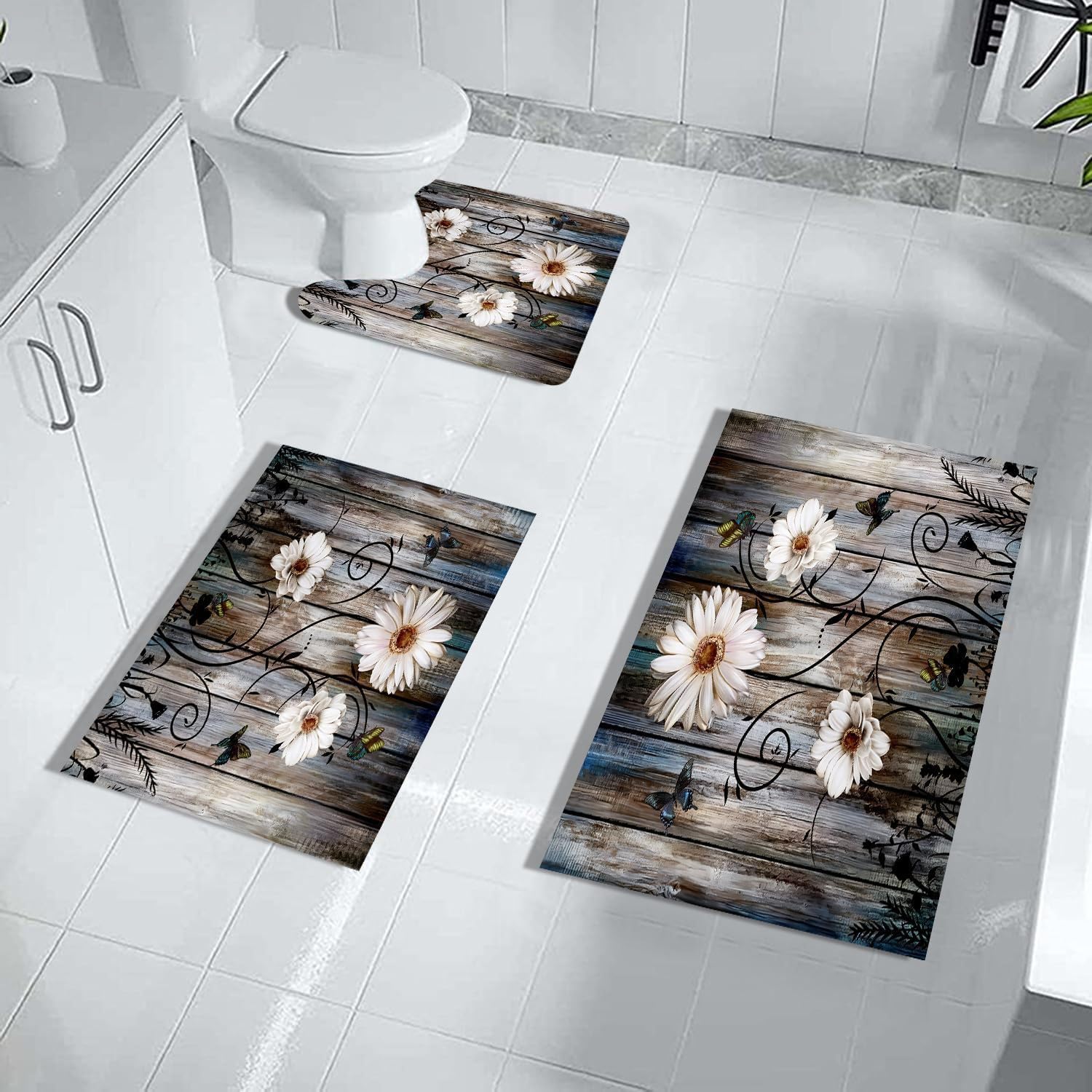 Tappeto Bagno Fiore Di Farfalla Legno Marrone Tappeti Bagno 3 Pezzi Asciugatura Rapida Diatomite Facile da Pulire Doccia Antiscivolo Assorbente Set Tappeti 3 Pezzi