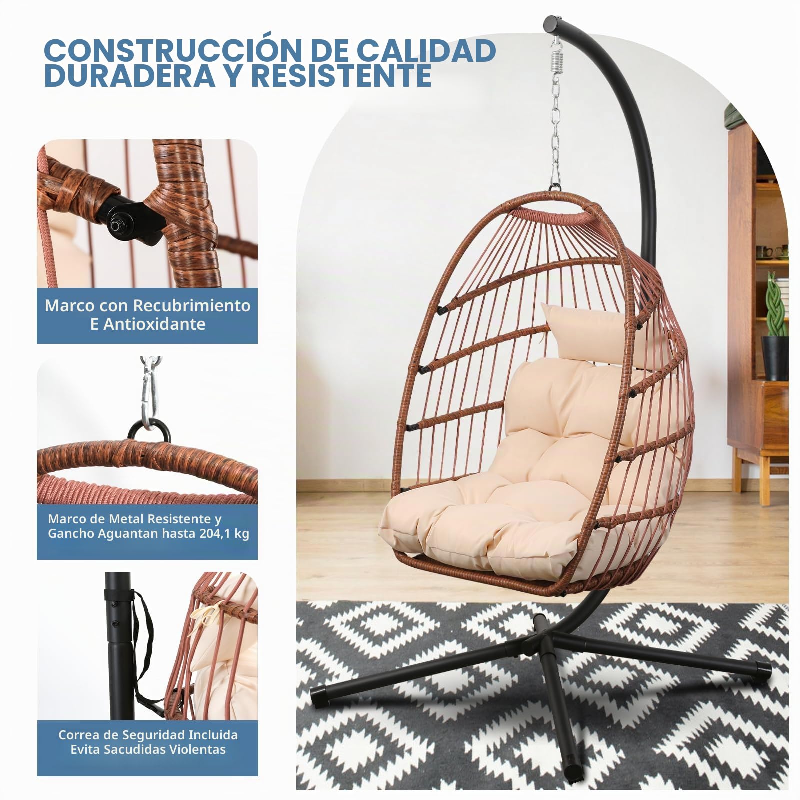 Goutime Silla Colgante de Huevo con Soporte y Funda Impermeable, Silla oscilante Plegable con cojín Resistente a los Rayos UV, Capacidad de 204KG para Interior (Marrón Rojizo con Soporte)