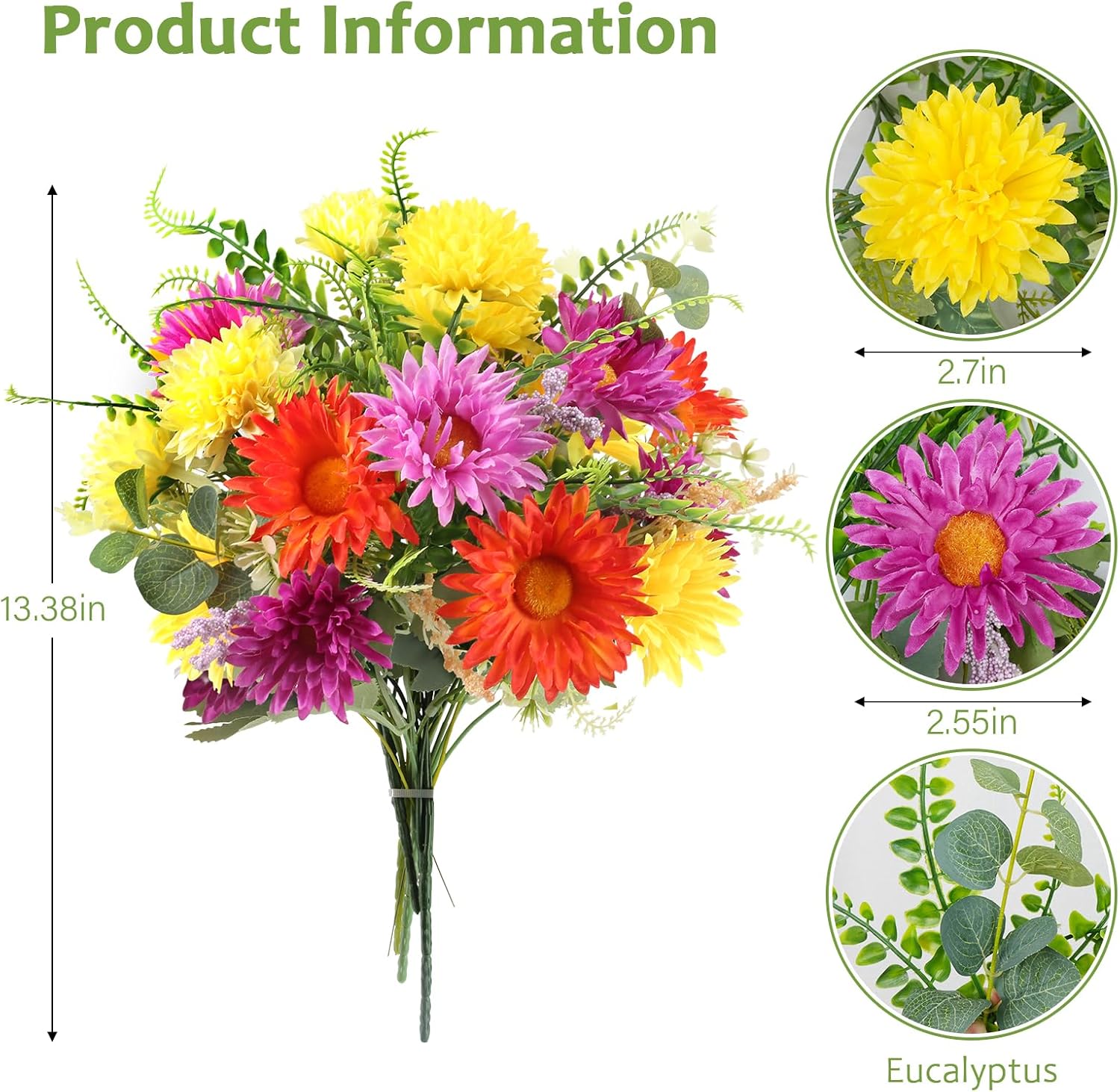 Artificial Flowers Faux Gerbera Daisies Flowers Bouquet, Fake Silk Flowers Arrangements Cemetery Flowers for Grave for Home Indoor Table Vase Wedding Party Decor (13.38in)