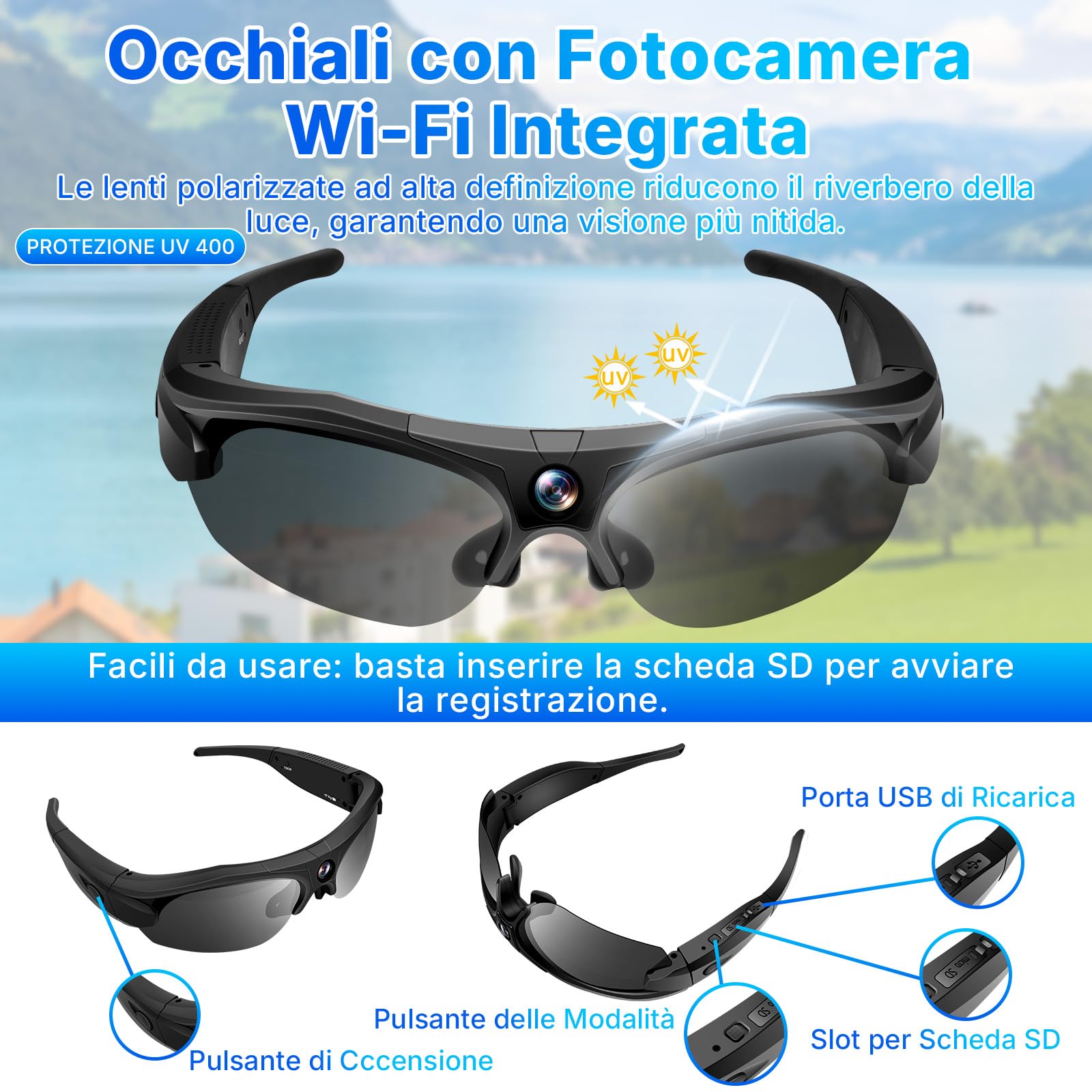 Occhiali da Sole con Telecamera, Occhiali con Telecamera Nascosta | Mini Action Cam, Registrazione video in HD, 100 minuti, 120°, Wi-Fi, registrazione in loop per attività all'aperto
