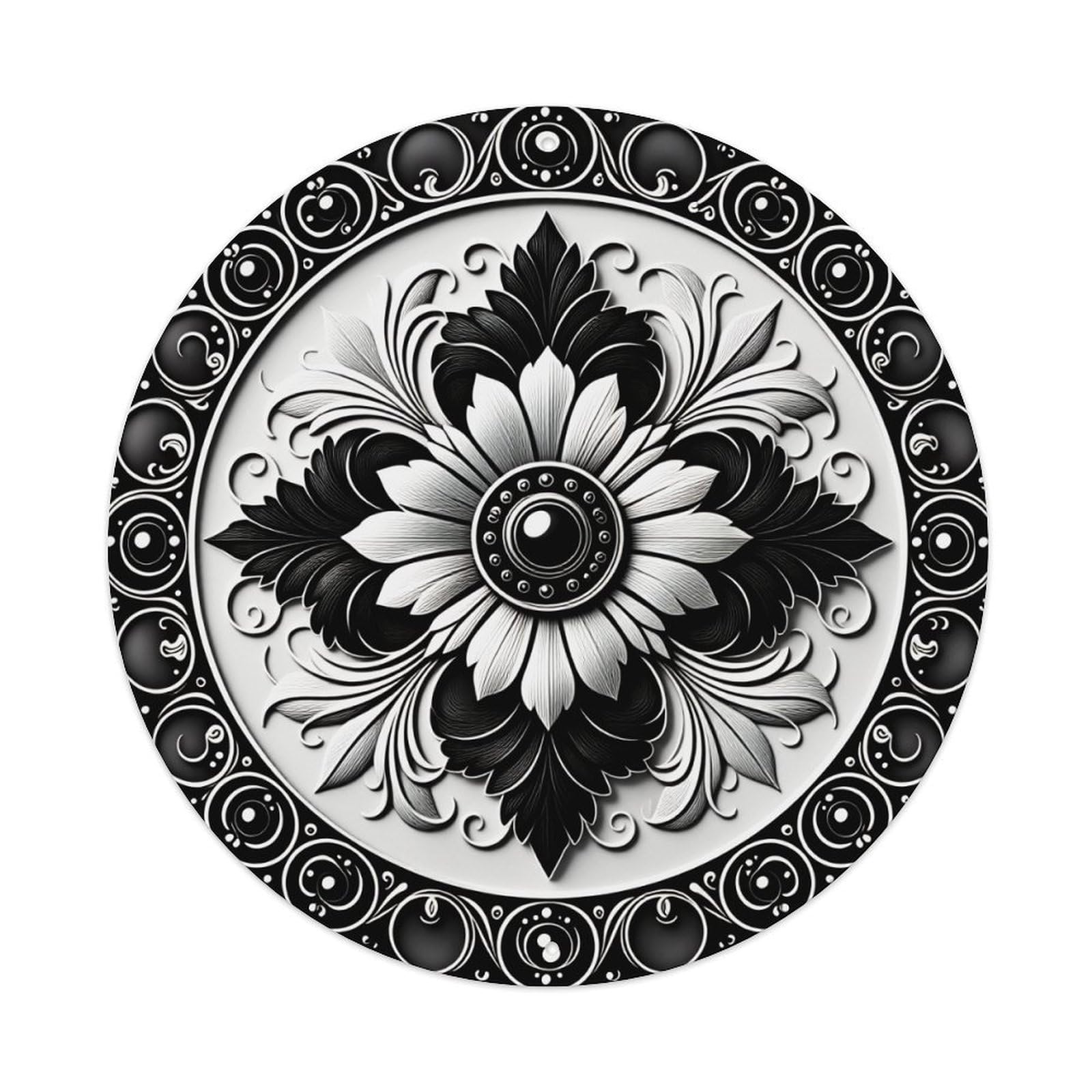 Black And White Floral Mandala Round Tin Sign Vintage Metal Poster Retro Bar, Home, Man Cave, Kitchen, Laundry Room Wall Art Decor Gift 8x8Inch